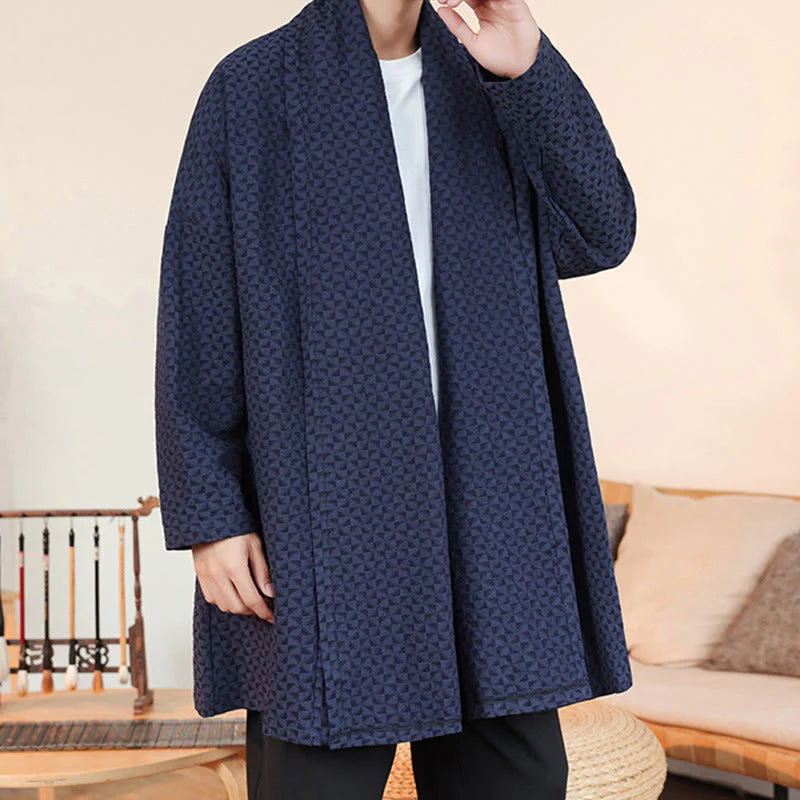 Buddha Stones Winter Jacquard Simple Design Men's Cotton Long Sleeve Kimono