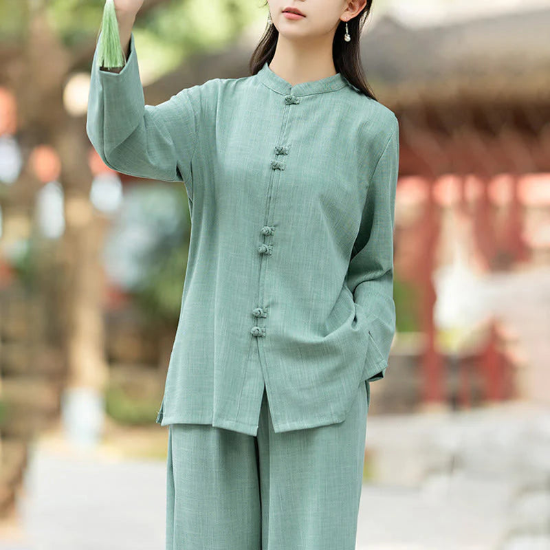 Buddha Stones 2Pcs Chinese Frog-Button Long Sleeve Shirt Top Pants Meditation Zen Tai Chi Cotton Clothing Women's Set
