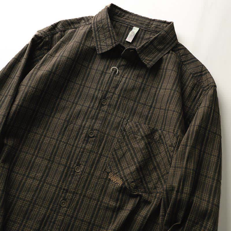 Buddha Stones Fall Commute Embroidery Plaid Pattern Men's Cotton Long Sleeve Shirts With Pocket