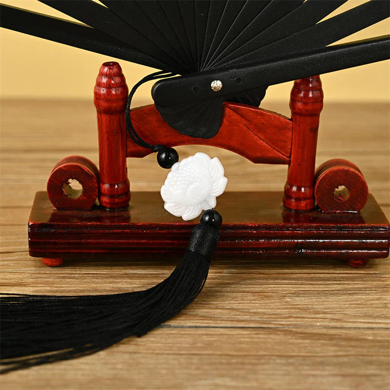 Buddha Stones Vintage Phoenix Nine Tailed Fox Flower Bamboo Tiger Handheld Folding Fan Lotus Tassel Fan