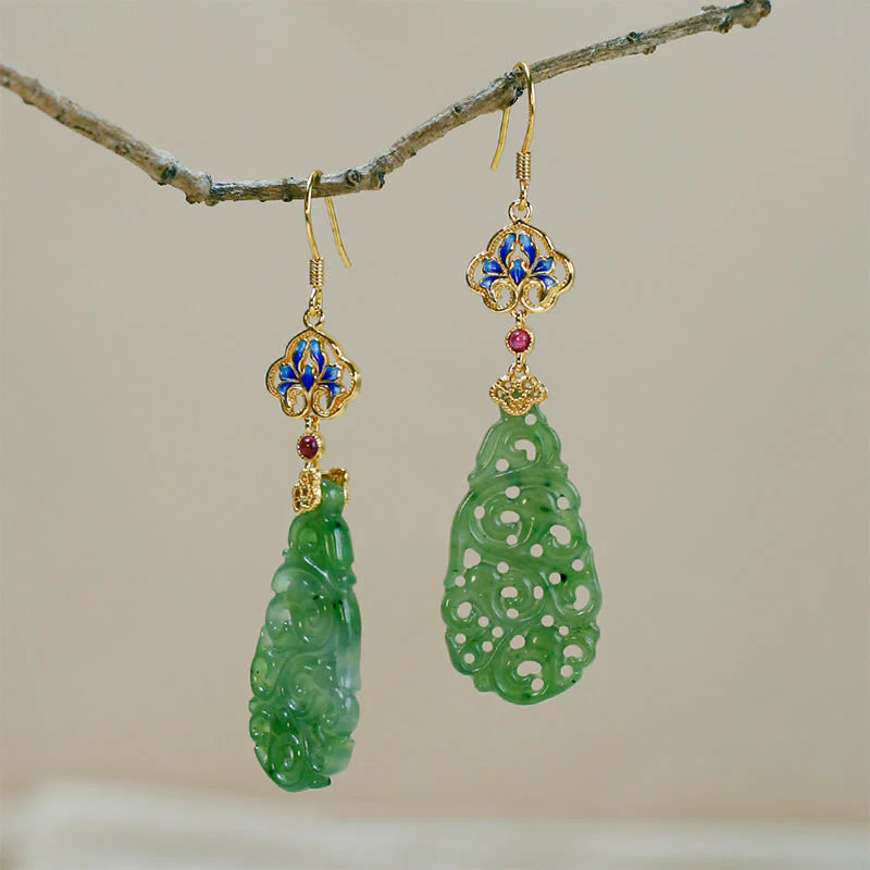 Buddha Stones Hollow Hetian Jade Enamel 925 Sterling Silver Prosperity Earrings