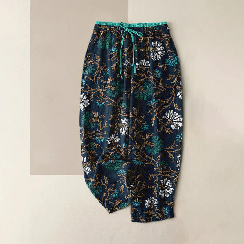 Buddha Stones Flowersl Vine Elastic Waist Drawstring Women's Cotton Pants With Pockets