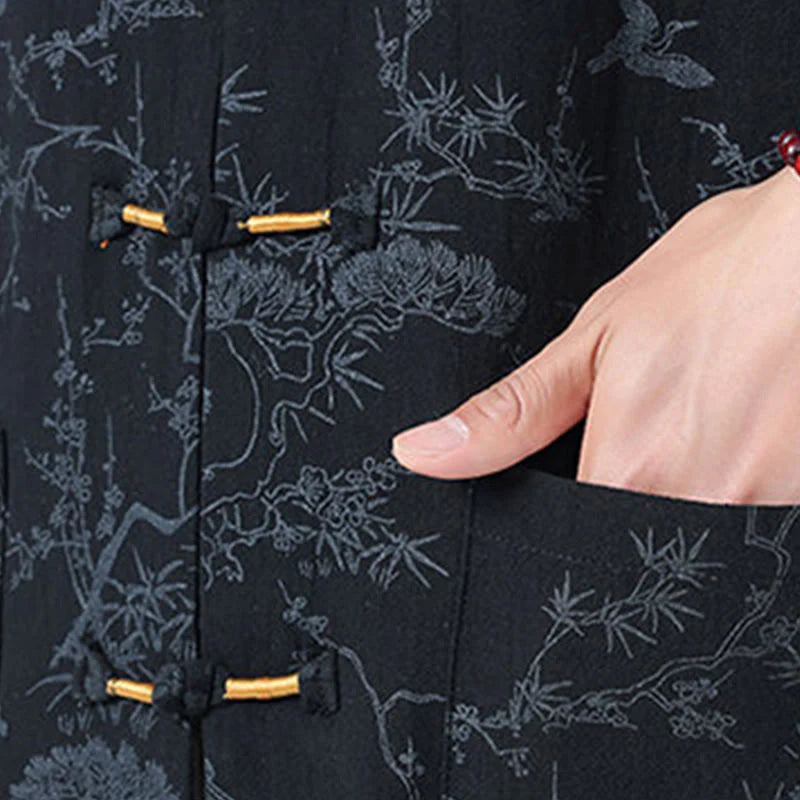 Buddha Stones Summer Crane Pine Tree Pattern Tang Suit Men's Frog-Button Half Sleeve Cotton Shirt With Pockets