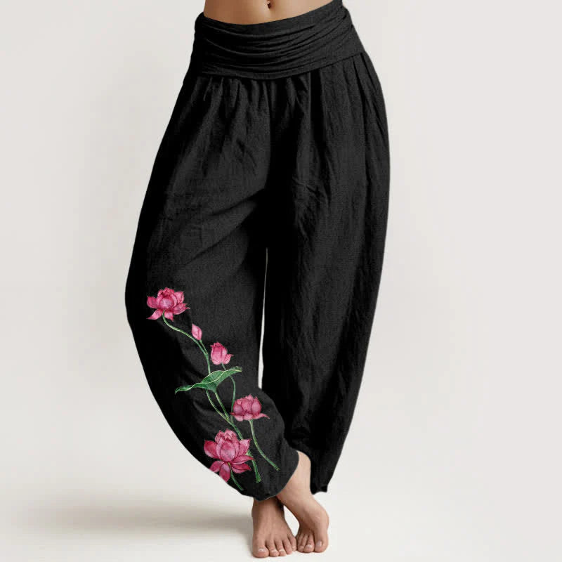 Buddha Stones Pure Cotton Lotus Flower Lotus Leaves Pattern Women's Harem Elastic Waist Pants