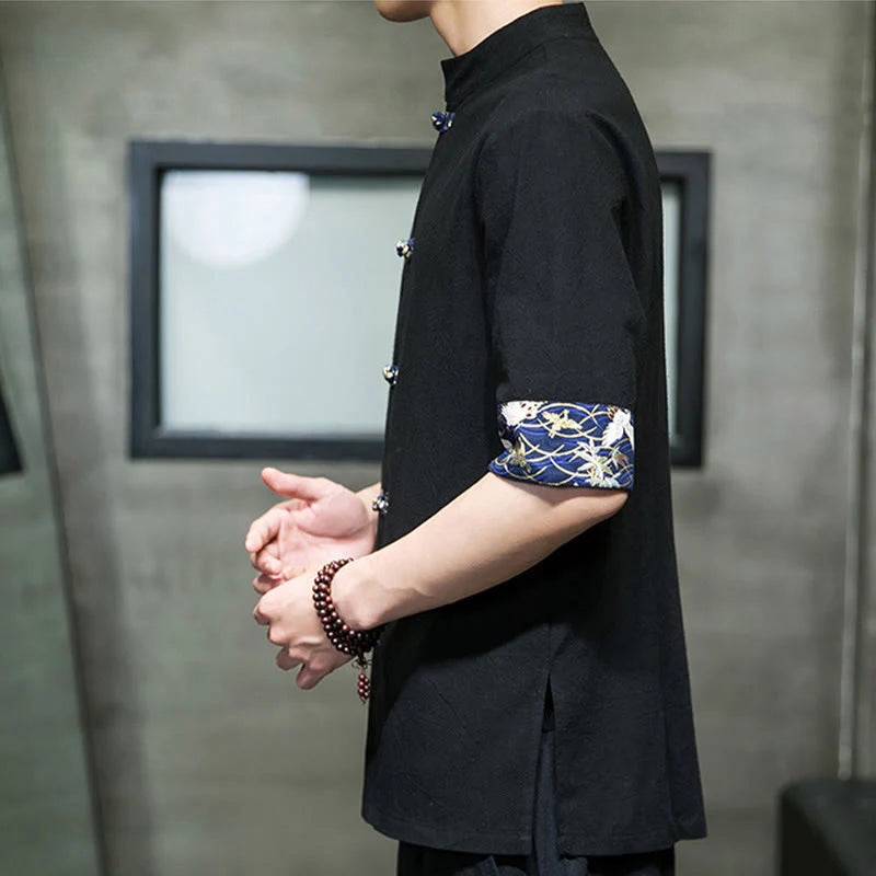 Buddha Stones Solid Color Frog-Button Stand Collar Men's Short Sleeve White Crane Cotton Shirt