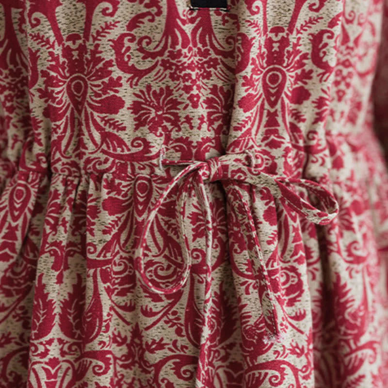 Buddha Stones Ethnic Printed Drawstring Long Sleeve Cotton Midi Dress With Pockets