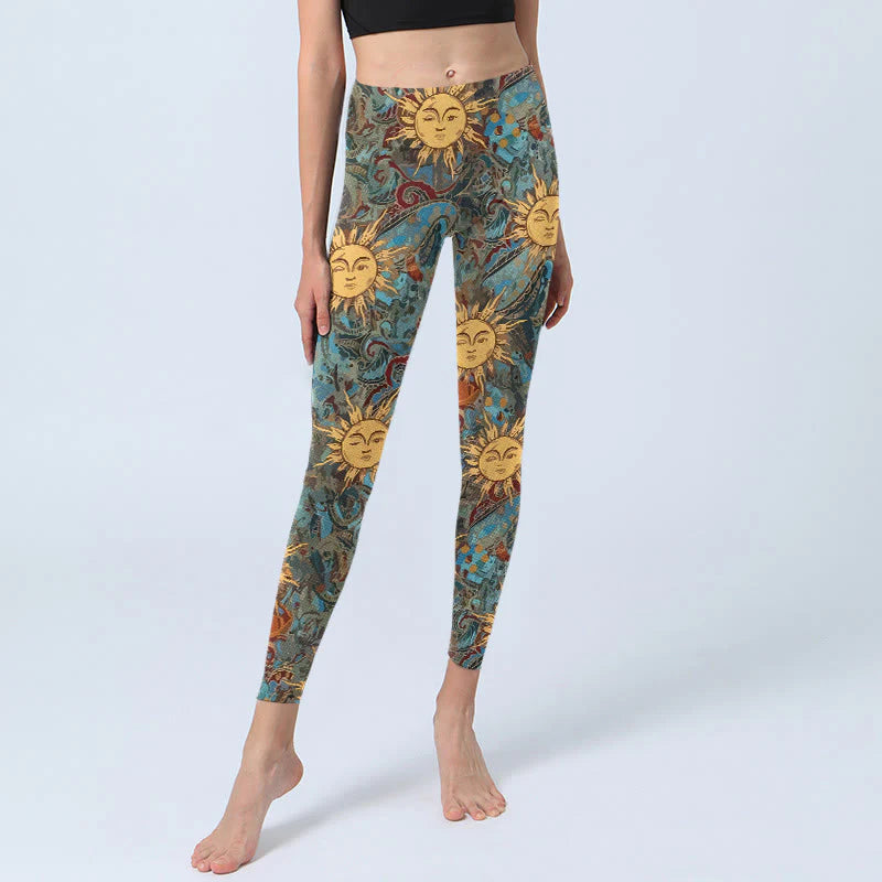 Buddha Stones Golden Personified Sun Pattern Print Gym Leggings Women's Yoga Pants