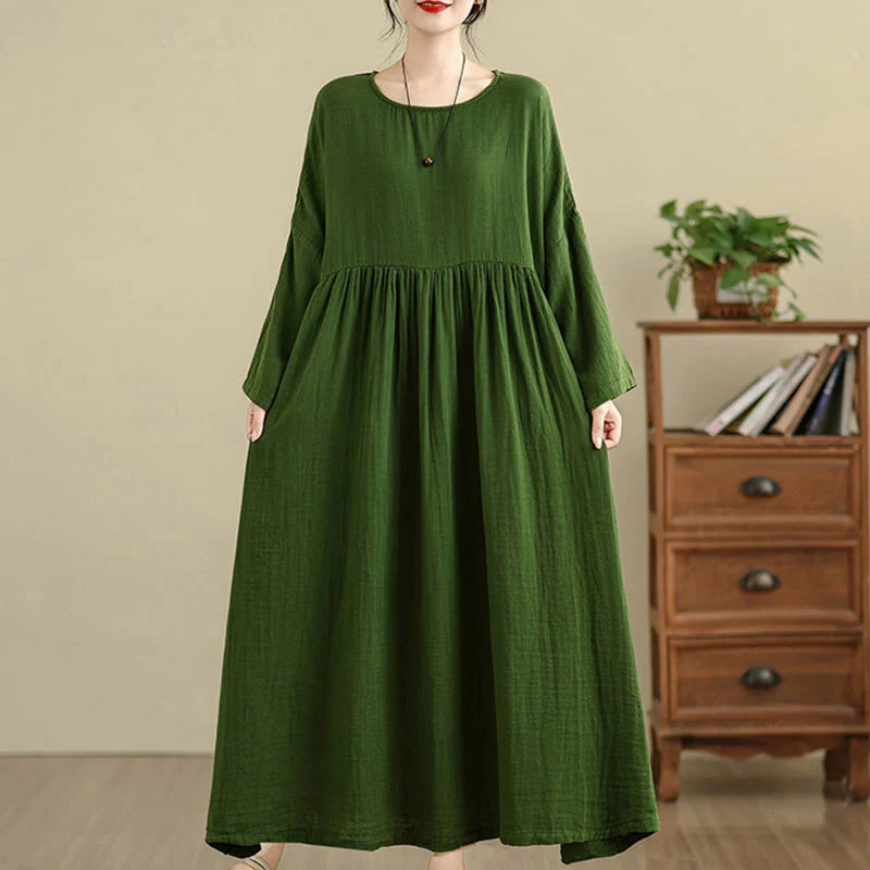 Buddha Stones Commute Pure Color Long Sleeve Cotton Linen Midi Dress With Pockets
