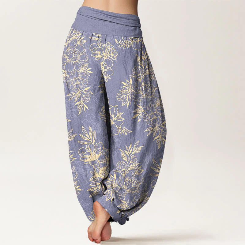 Buddha Stones Cotton Complicated Flowers Leaves Pattern Women's Elastic Waist Harem Pants