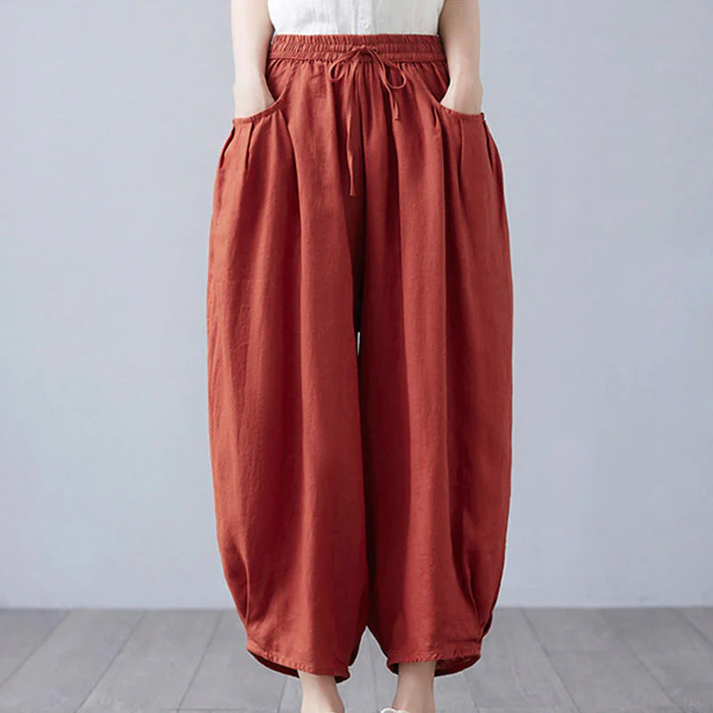 Buddha Stones Summer Plain Cropped Pants Women's Cotton Linen Harem Pants With Pockets