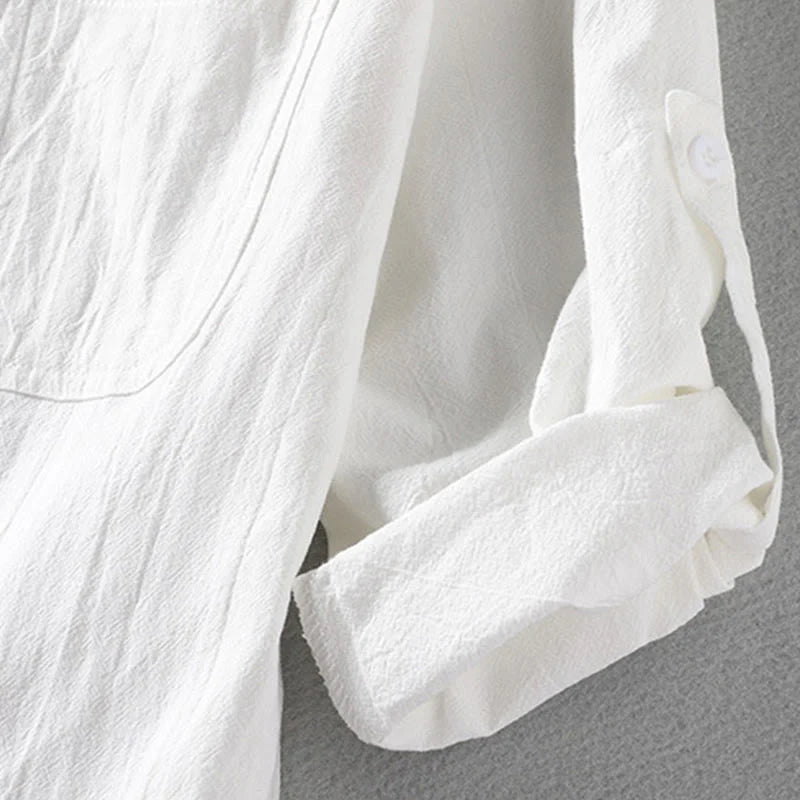 Buddha Stones Vintage Casual Plain Single Breasted Three Quarter Sleeve Men's Cotton Linen Shirt With Pocket
