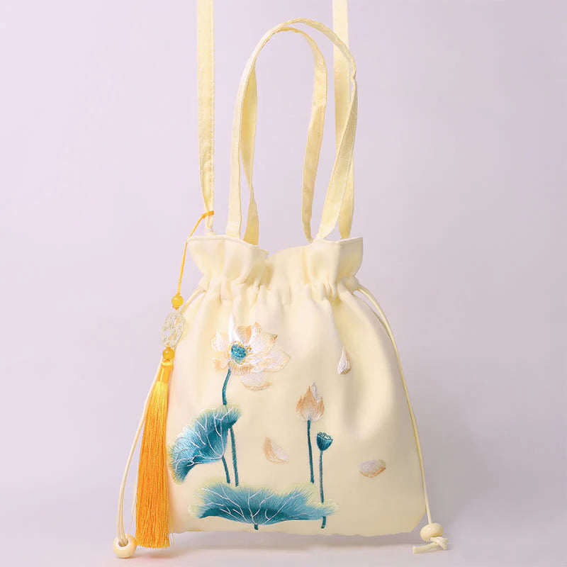 Buddha Stones Lotus Peony Epiphyllum Phoenix Suzhou Embroidery Cotton Linen Tote Crossbody Bag Shoulder Bag Handbag