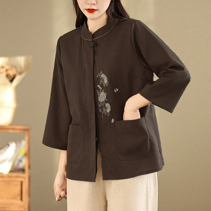 Buddha Stones Commute Embroidery Floral Pattern Three Quarter Sleeve Women's Cotton Shirt With Pockets