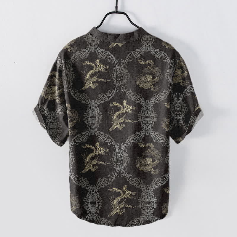 Buddha Stones Cotton Dragon Phoenix Emblem Men's Short Sleeve Half Button Shirt