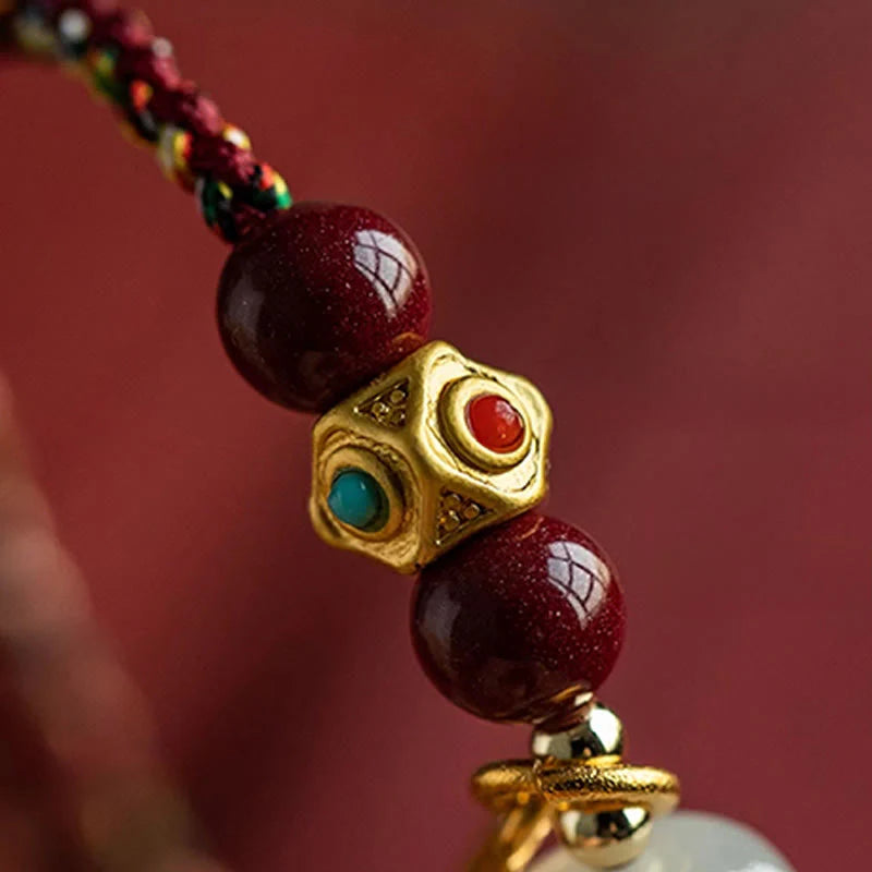 Buddha Stones Lucky Fortune Charm Hetian Cyan Jade White Jade Multicolored Braided String Prosperity Bracelet