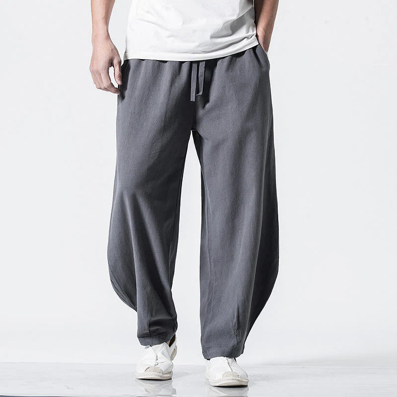 Buddha Stones Drawstring Elastic Waist Ankle-Length Men's Cotton Pants With Pockets
