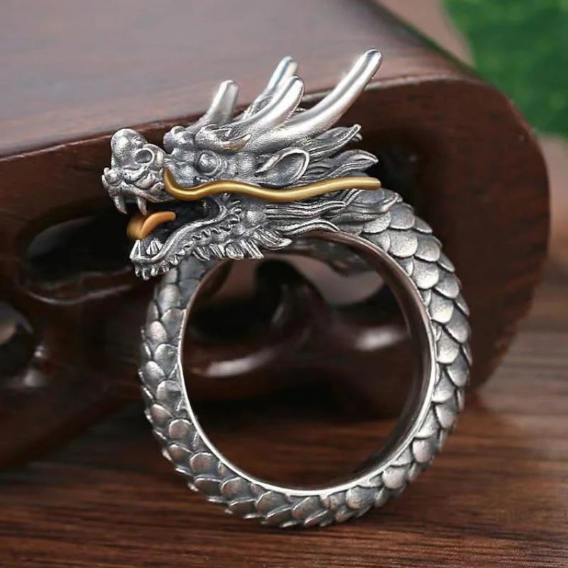 Buddha Stones 925 Sterling Silver Vintage Dragon Design Protection Strength Adjustable Ring  (Extra 30% Off | USE CODE: FS30)