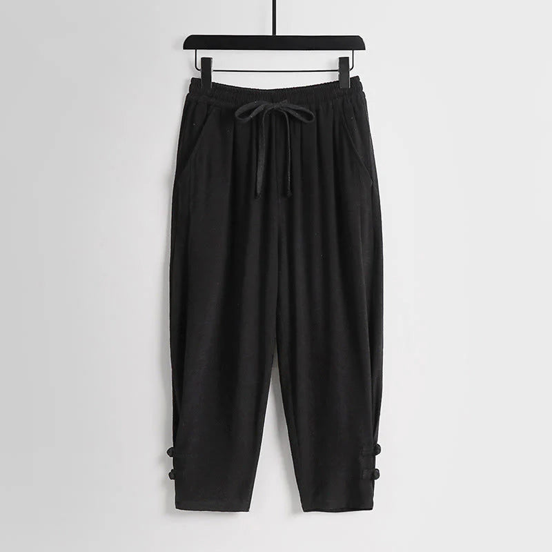 Buddha Stones Summer Drawstring Elastic Waist Frog-Button Ankle-Length Men's Cotton Linen Pants With Pockets