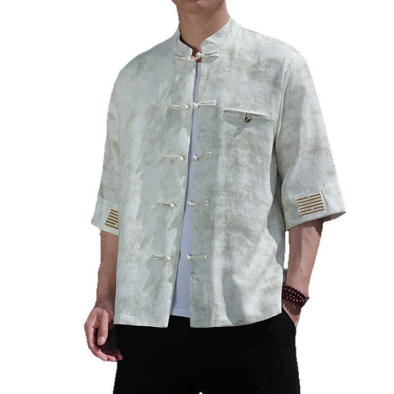 Buddha Stones Frog-Button Mottled Pattern Embroidery Short Sleeve Tang Suit Men's Linen Shirt