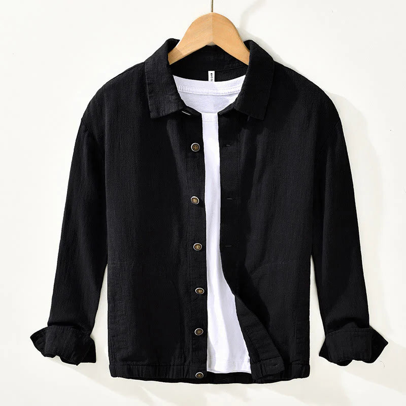 Buddha Stones Commute Plain Simple Buttons Design Men's Long Sleeve Ramie Linen Jacket With Pockets