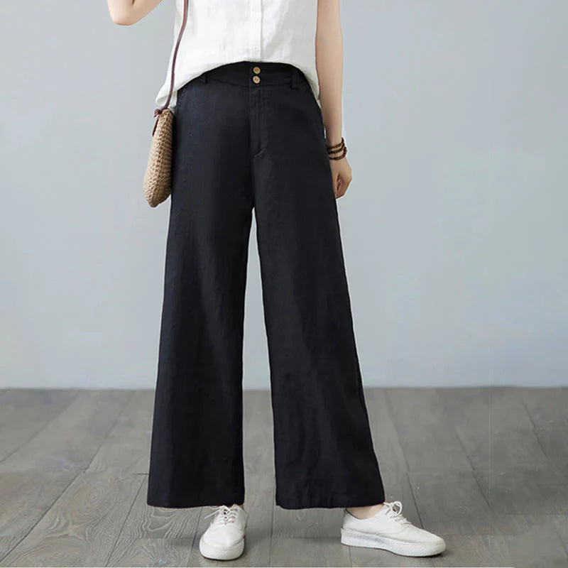 Buddha Stones Daily Solid Color Patchwork Simple Design Cotton Linen Women's Pants With Pockets