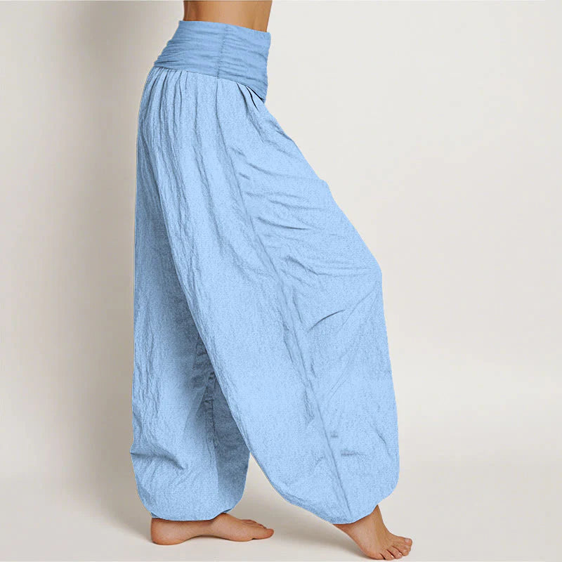 Buddha Stones Pure Cotton Light Sky Blue Women's Elastic Waist Harem Pants