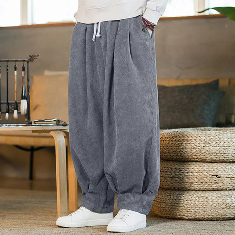 Buddha Stones Retro Men's Plain Fleece-Lined Corduroy Simple Design Harem Pants With Pockets