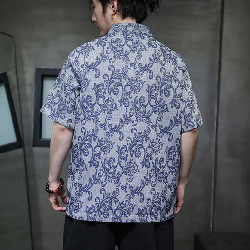 Buddha Stones Summer Floral Vine Pattern Tang Suit Men's Frog-Button Short Sleeve Shirt With Pockets