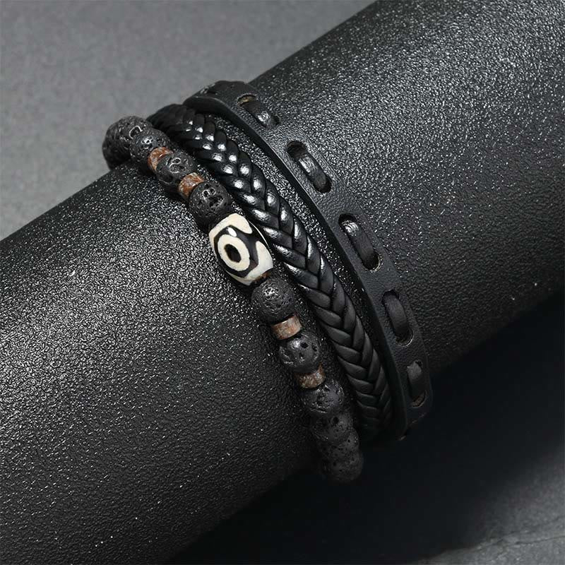 Buddha Stones Dzi Bead Lava Rock Multilayered Braided Leather Wealth Bracelet