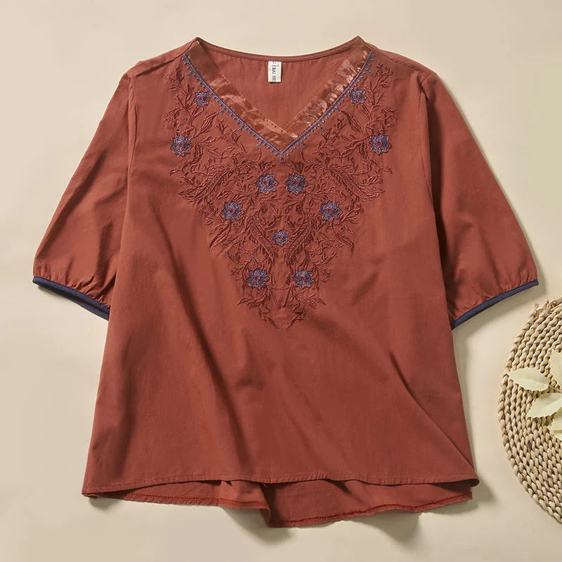 Buddha Stones Casual Floral Leaf Pattern V-Neck Women's Polyester Short Sleeve T-shirt