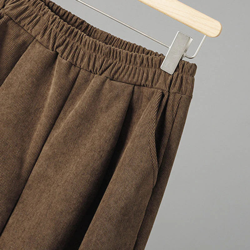 Buddha Stones Plain Elastic Waist Patchwork Plaid Women's Ankle-Length Wide Leg Corduroy Pants