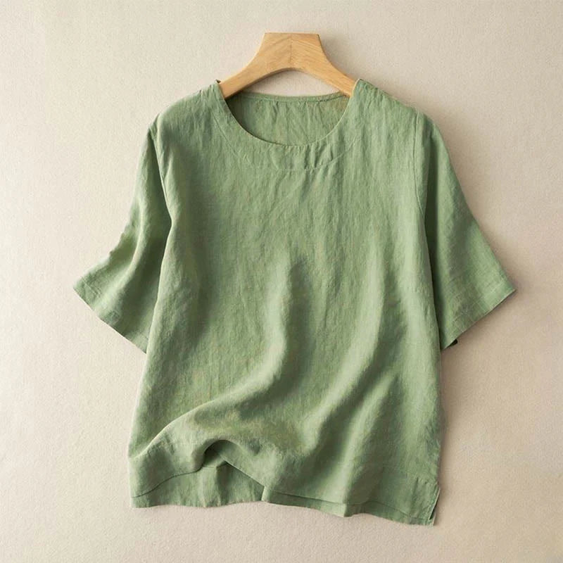 Buddha Stones Simple Plain Short Sleeve Crew Neck Side Slit Cotton Women's T-Shirt