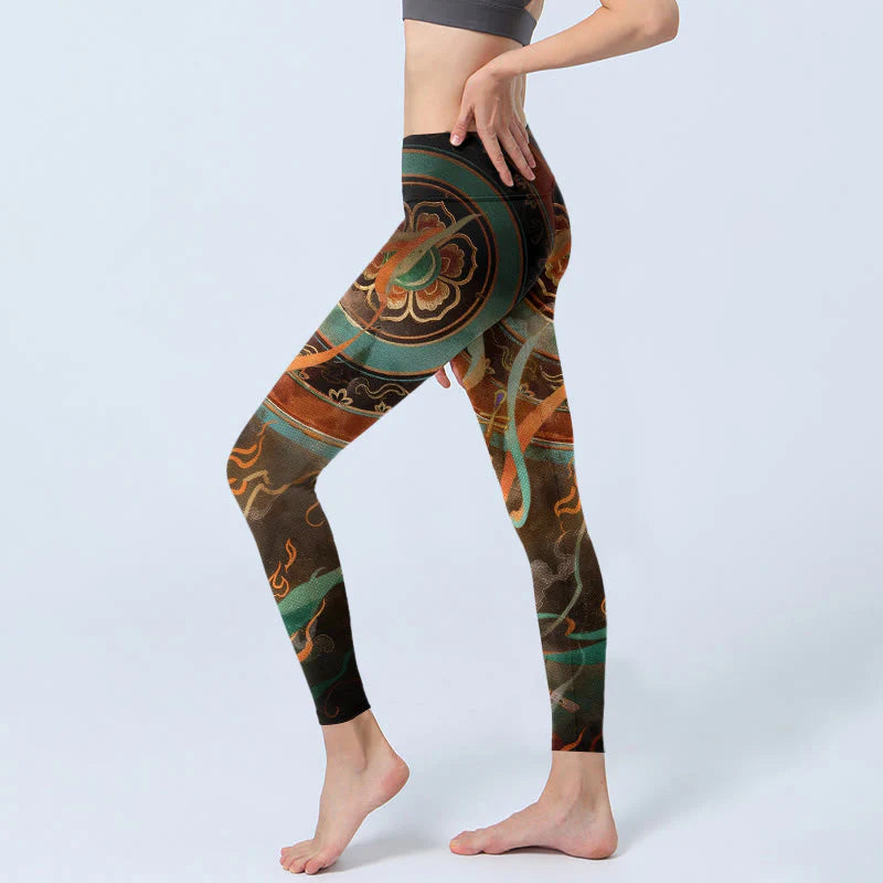 Buddha Stones Colorful Fairy Lute Ribbon Flower Circle Pattern Print Gym Leggings Women's Yoga Pants
