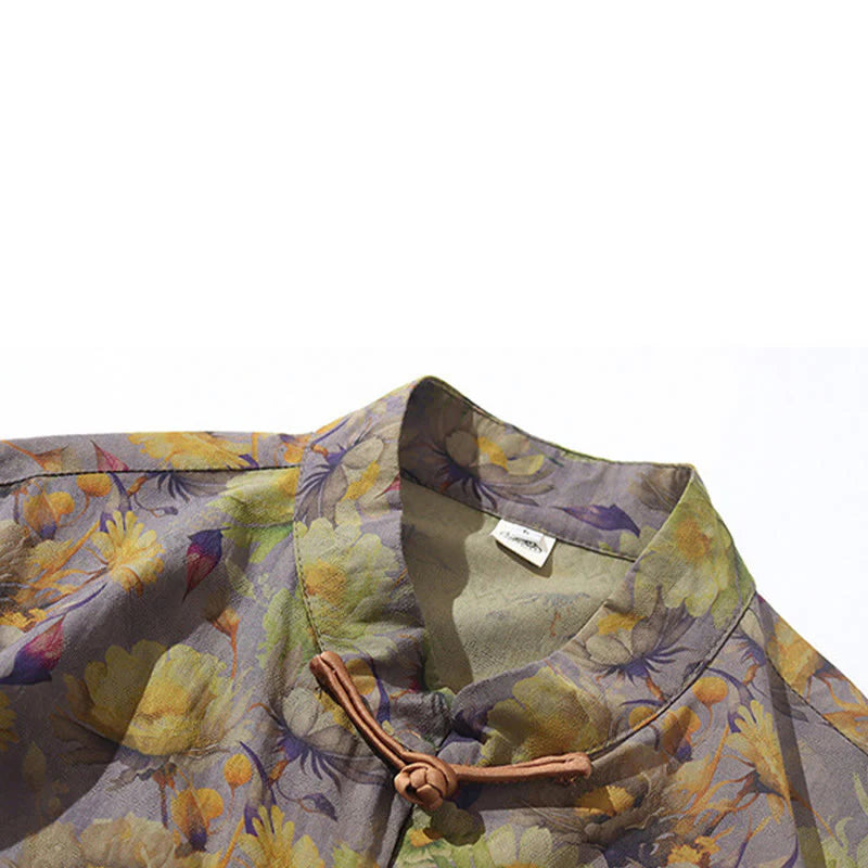 Buddha Stones Summer Colorful Floral Leaves Pattern Short Sleeve Frog-button Design Men's Cotton Shirt