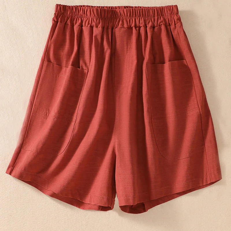 Buddha Stones Summer Casual Elastic Waist Plain Women's Polyester Shorts With Pockets