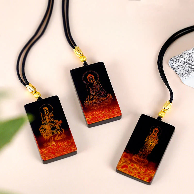 Buddha Stones Chinese Zodiac Natal Buddha Fu Character Lacquer Craft Sandalwood Pendant Necklace