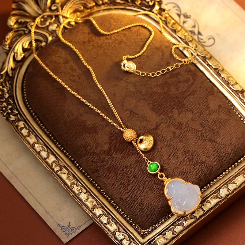Buddha Stones Fu Character Laughing Buddha Chalcedony Copper Fortune Necklace Pendant