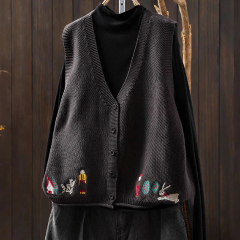 Buddha Stones Figure Rabbit Tree Embroidery Buttons Women's Sleeveless Cotton Knitted Vest Waistcoat