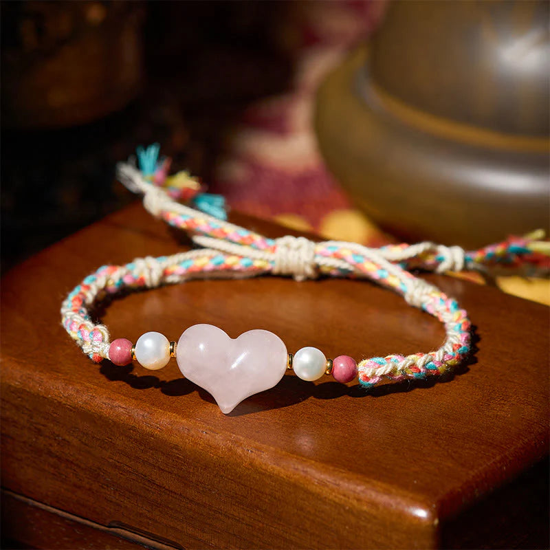 Buddha Stones Heart Design Pink Crystal Braided Rope Warmth Love Bracelet