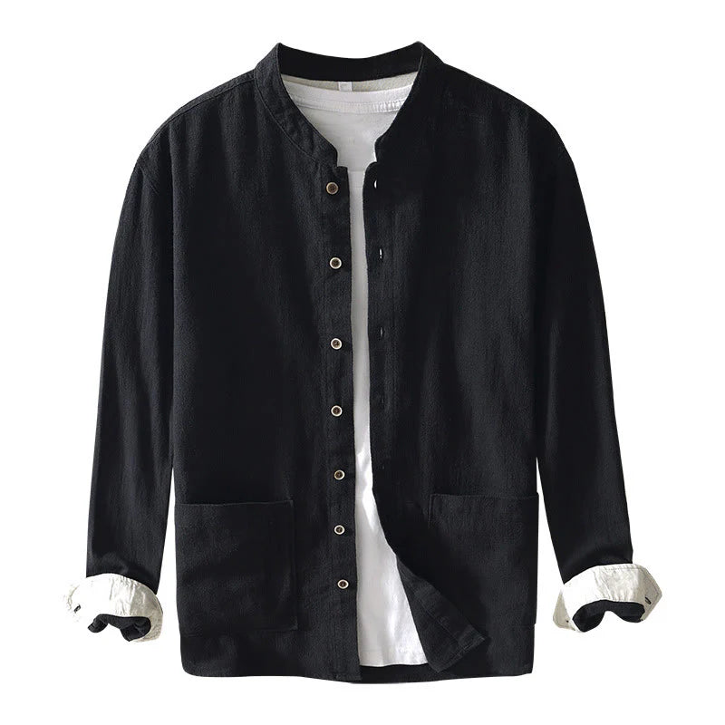 Buddha Stones Solid Color Men's Buttons Long Sleeve Cotton Linen Shirt With Pockets