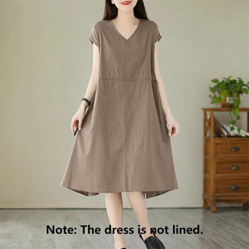 Buddha Stones Pure Color Lace-Up Short Sleeve Cotton Linen Midi Dress With Pockets