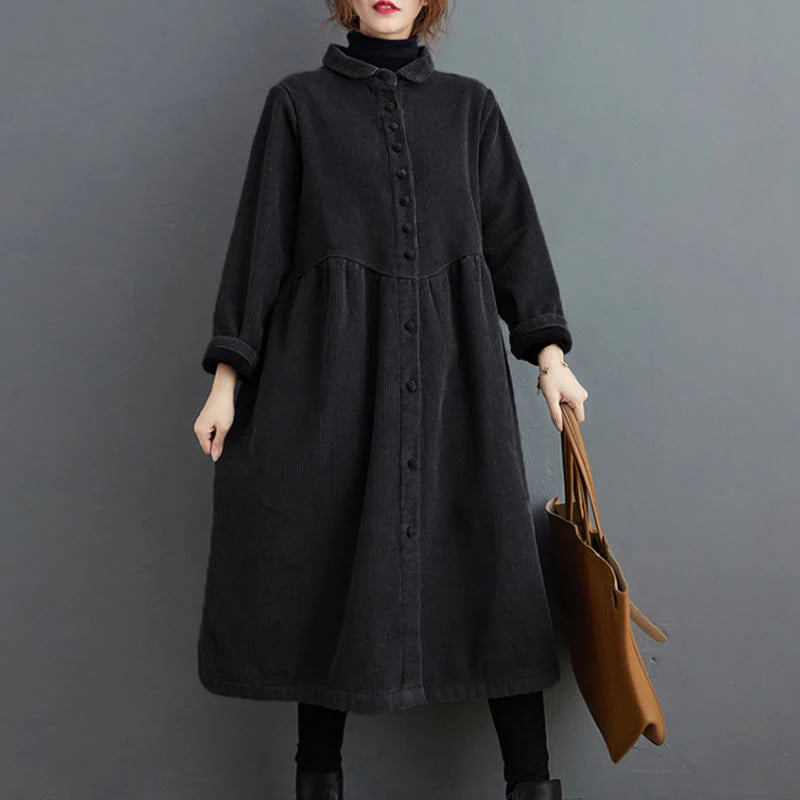 Buddha Stones Plain Buttons Long Sleeve Women's Cotton Corduroy Fleece-Lined Coat With Pockets