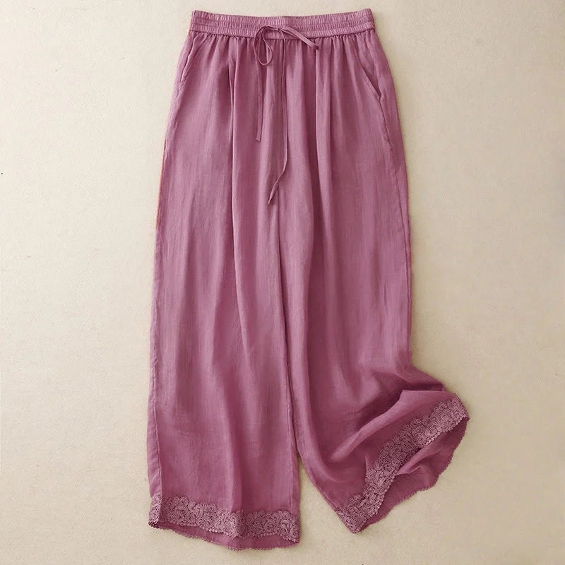 Buddha Stones Causal Vintage Plain Drawstring Lace Patchwork Design Women's Wide Leg Cotton Elastic Waistband Pants With Pockets