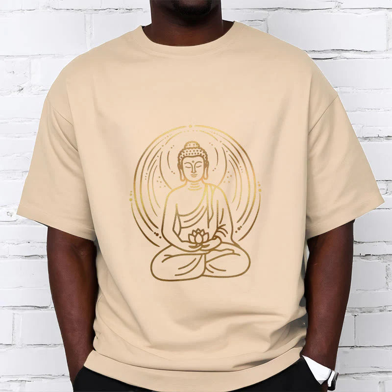 Buddha Stones Golden Meditation Buddha Halo Holding A Lotus Flower Tee T-shirt