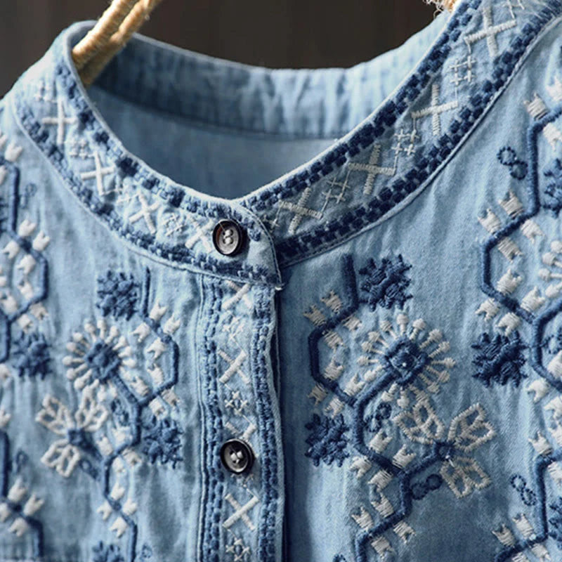 Buddha Stones Geometry Floral Embroidery Cotton Denim Half Buttons Long Sleeve Women's Shirt