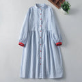 Buddha Stones Casual Plaid Pattern Long Lantern Sleeve Cotton Linen Midi Dress With Pockets
