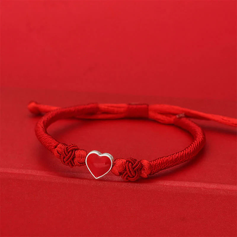 Buddha Stones 999 Sterling Silver 3D Heart Design Red String Connection Bracelet