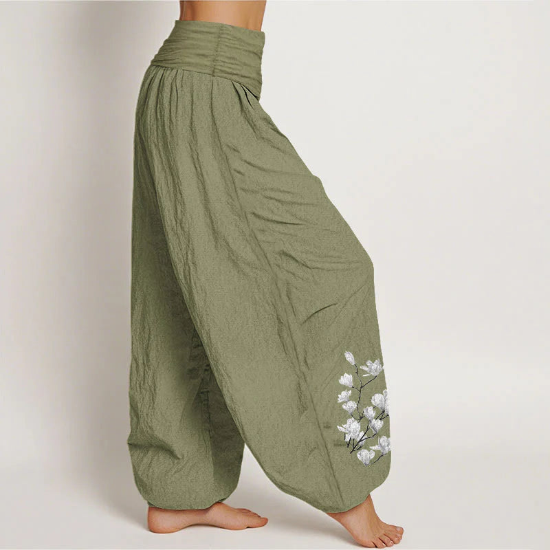 Buddha Stones Pure Cotton Minimalist Style Magnolia Flower Pattern Women's Elastic Waist Harem Pants