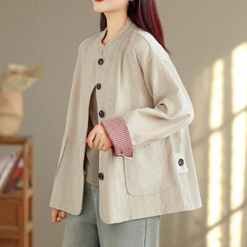 Buddha Stones Buttons Design Corduroy Long Sleeve Women's Jacket With Pockets