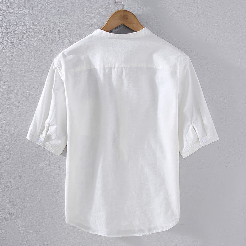 Buddha Stones Spring Pure Color Half Buttons Design Stand Collar Men's Short Sleeve Linen Shirt With Pocket